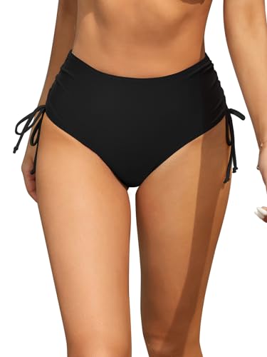 SHEKINI Damen Bikinihose Hohe Taille Badeanzüge Geraffte Bauchkontrolle Badehose, Schwarz , L von SHEKINI