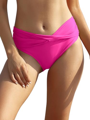 SHEKINI Damen Bikinihose Retro Ruched Bauchweg Klassisch Schwarze Badehose Strandhose Grosse Grössen für Frauen（Fluoreszierendes Rosa, XL） von SHEKINI