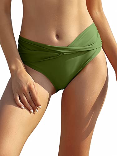 SHEKINI Damen Bikinihose Retro Ruched Bauchweg Klassisch Schwarze Badehose Strandhose Grosse Grössen für Frauen(Grasgrün,M) von SHEKINI