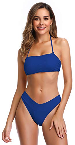 SHEKINI Damen Bikinis Set Rückenfrei Charmant Bandeau Bikini Bikinioberteil Verstellbarer Ties up Zweiteiliger Badeanzug Chic Bikinihose Strandbikini (L, Königsblau) von SHEKINI