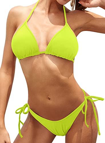 SHEKINI Damen Bikinis Set Rückenfrei Verstellbarer Klassischer Triangel Bikinioberteil Sexy Badeanzug Ruched Verstellbarer Ties up Triangel Bikinihose Strandbikini（Fluoreszierendes Gelb，L） von SHEKINI