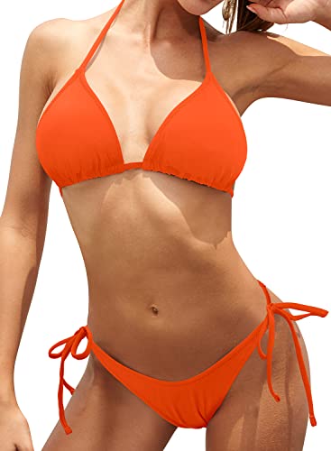 SHEKINI Damen Bikinis Set Rückenfrei Verstellbarer Klassischer Triangel Bikinioberteil Sexy Badeanzug Ruched Verstellbarer Ties up Triangel Bikinihose Strandbikini（Fluoreszierendes Orange，L） von SHEKINI