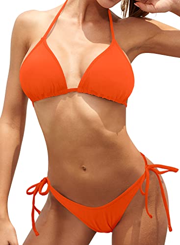 SHEKINI Damen Bikinis Set Rückenfrei Verstellbarer Klassischer Triangel Bikinioberteil Sexy Badeanzug Ruched Verstellbarer Ties up Triangel Bikinihose Strandbikini（Fluoreszierendes Orange，S） von SHEKINI