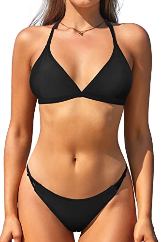 SHEKINI Damen Bikinis Set Rückenfrei Verstellbarer Klassischer Triangel Bikinioberteil Sexy Zweiteiliger Badeanzug mit Niedrige Taille Bikinihose Strandbikini (M,Schwarz 1) von SHEKINI