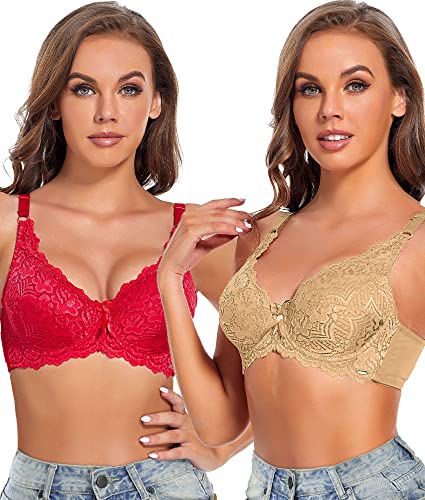 SHEKINI Damen Blumen Spitzen BH mit Bügel Push up BH Nicht Gepolsterter Verstellbare Nicht Abnehmbare Schultergurte Bustier Damen Bra 2er Pack von SHEKINI