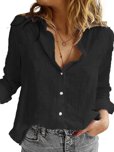 SHEKINI Damen Bluse Baumwolle Langarm Hemdbluse mit V-Ausschnitt Musselin Bluse mit Knöpfen Elegant Hemd Leinenbluse Langarmshirt Blusen Tops Basic Casual Oberteile von SHEKINI