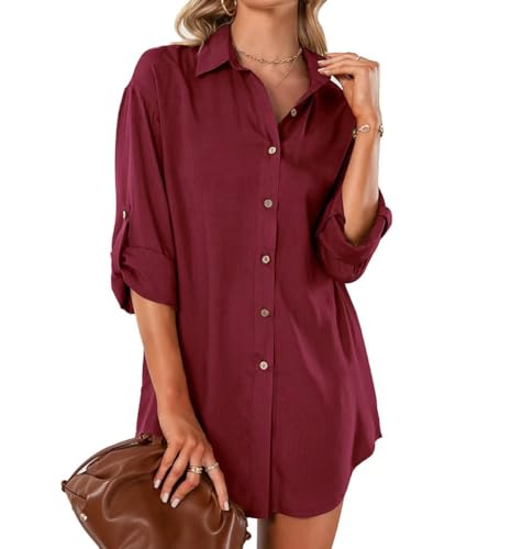 SHEKINI Damen Bluse Lang Hemdbluse V-Ausschnitt Elegant Oversize Langarmshirt 3/4 Ärmel Blusenkleid Hemdkleid Damen mit Knöpfen Lockere Cover Up Hemd Lässiges Oberteile von SHEKINI