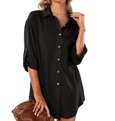 SHEKINI Damen Bluse Lang Hemdbluse V-Ausschnitt Elegant Oversize Langarmshirt 3/4 Ärmel Blusenkleid Hemdkleid Damen mit Knöpfen Lockere Cover Up Hemd Lässiges Oberteile von SHEKINI