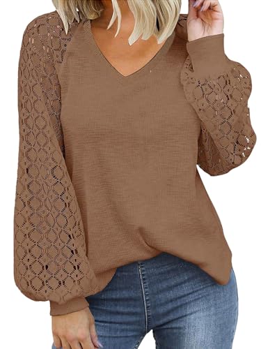SHEKINI Langarmshirt Damen Bluse V Ausschnitt Tunika Raglan Spitzenärmel T-Shirt Elegant Oberteil Tops Blusenshirt Damen Langarm von SHEKINI
