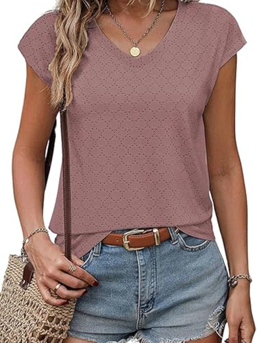 SHEKINI Damen Bluse Sommer Elegant T Shirt V-Ausschnitt Tunika Shirt Blusen Oberteil Shirts Flowy Kurze Ärmel Spitzen Tops von SHEKINI