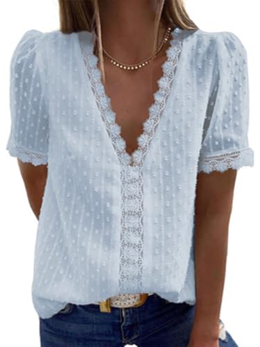 SHEKINI Damen Bluse Sommer Kurzarm Spitzen Oberteil V Ausschnitt Shirts Elegant Puffärmeln Damenblusen Sommer Schickes Hemd Tunika Chiffon Tops Lässige Blusen von SHEKINI