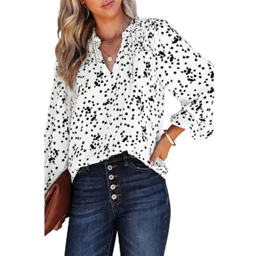 SHEKINI Damen Bluse Sommer Langarm Oberteil Polka Dots Rüschen Boho Lassig V-Ausschnitt Shirt Chiffon Tops Oberteil Locker Leicht Tunika Blusen von SHEKINI