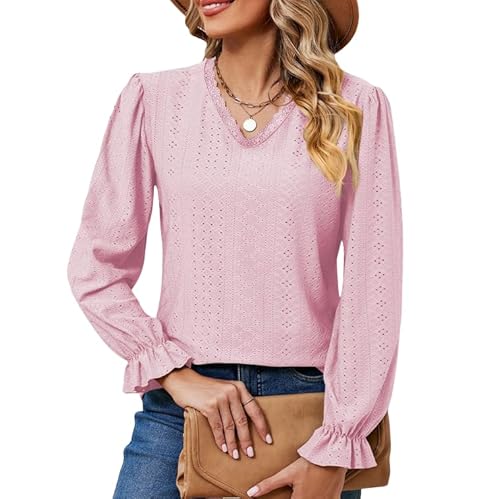 SHEKINI Damen Bluse mit V Ausschnitt Langarmshirt Elegant Langarm Pullover Tunika Lässige Oberteile Puffärmel Blusenshirt überbackener Spitze Hemd Tops SHEKINI Damen Bluse mit V Ausschnitt Langarmshirt Elegant Langarm Pullover Tunika Lässige Oberteile Puffärmel Blusenshirt überbackener Spitze Hemd Tops von SHEKINI