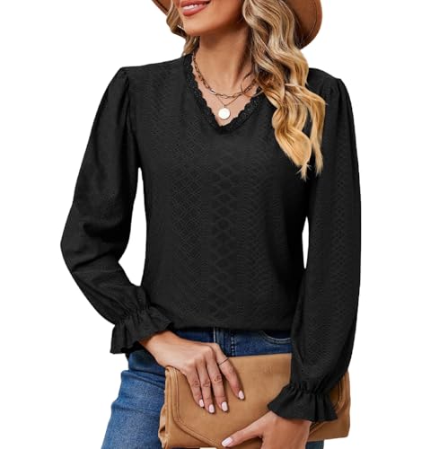 SHEKINI Damen Bluse mit V Ausschnitt Langarmshirt Elegant Langarm Pullover Tunika Lässige Oberteile Puffärmel Blusenshirt überbackener Spitze Hemd Tops von SHEKINI