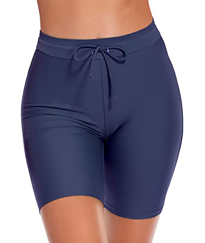 SHEKINI Damen Boardshorts Badeshorts High Waist Tankini Badehose Radlerhose Sicherheits Sporty Kurze Leggings Knielange Elastische Schwimmshorts (M,Dunkelblau) von SHEKINI