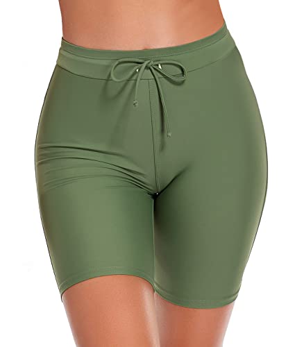 SHEKINI Damen Boardshorts Badeshorts High Waist Tankini Badehose Radlerhose Sicherheits Sporty Kurze Leggings Knielange Elastische Schwimmshorts (M,Olivgrün) von SHEKINI