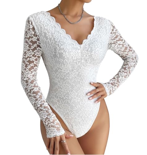 SHEKINI Damen Body Spitzen Bodysuit Durchsichtig Oberteil Langarm Spitzenbody Schmal T-Shirt Elegant Shapewear Bodys mit Bogenkante V-Ausschnitt von SHEKINI