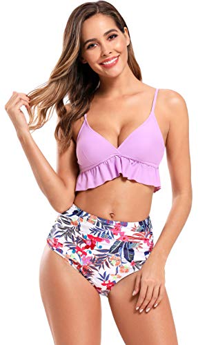 SHEKINI Damen Bikini Set V-Ausschnitt Verstellbarer Niedlich Rüsche Design Bikinioberteil Gedruckt Zweiteiliger Badeanzug Triangle Bikinihose Bademode Strandmode von SHEKINI