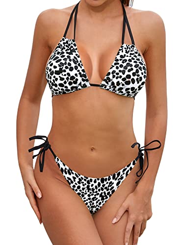 SHEKINI Damen Brasilianer Zweiterliger Bikini Set Neckholder Bikini Oberteil Seiten Binden Low Waist Bikinihose Mehrfachverschleiß Bademode Leopard Gepolstert Strandbikini (L, B-Rosa Leopard) von SHEKINI