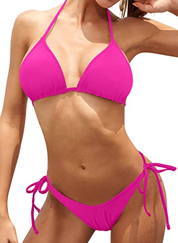 SHEKINI Damen Bikinis Set Klassischer Verstellbarer Triangel Bikinioberteil Sexy Rückenfrei Badeanzug Schnürung Bikinihose Strandbikini für Frauen（Fluoreszierendes Rosa，S） von SHEKINI