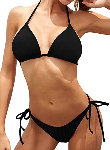 SHEKINI Damen Bikinis Set Klassischer Verstellbarer Triangel Bikinioberteil Sexy Rückenfrei Badeanzug Schnürung Bikinihose Strandbikini für Frauen（Schwarz，XL） von SHEKINI