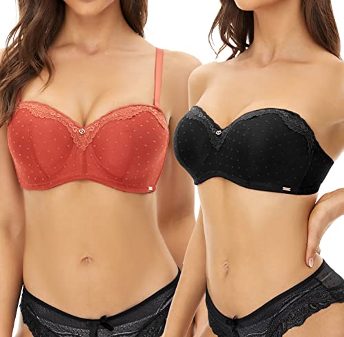 SHEKINI Balconette-BH Spitze Push up BH mit Bügel Trägerloser BH Rückenfrei Abnehmbare Träger 2er Pack von SHEKINI