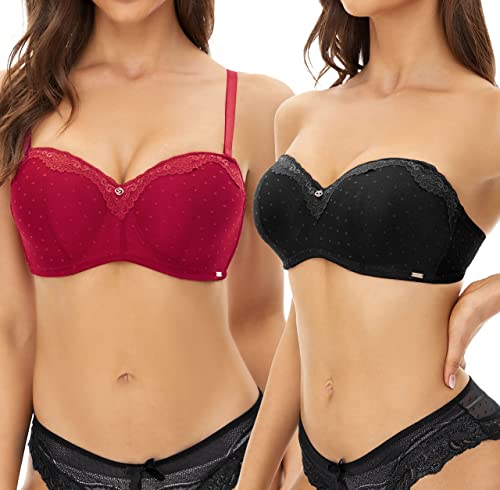 SHEKINI Balconette-BH Spitze Push up BH mit Bügel Trägerloser BH Rückenfrei Abnehmbare Träger 2er Pack von SHEKINI