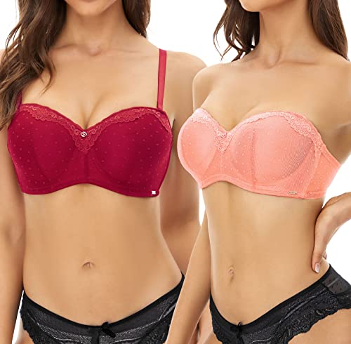 SHEKINI Balconette-BH Spitze Push up BH mit Bügel Trägerloser BH Rückenfrei Abnehmbare Träger 2er Pack von SHEKINI