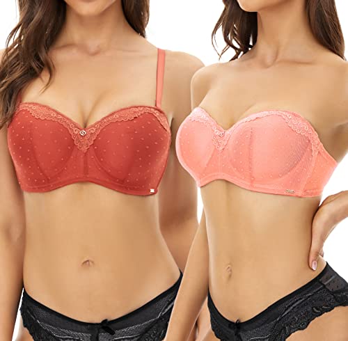 SHEKINI Balconette-BH Spitze Push up BH mit Bügel Trägerloser BH Rückenfrei Abnehmbare Träger 2er Pack von SHEKINI