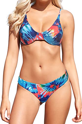 SHEKINI Damen Triangel Bikini Set mit Bügel Push Up Einlagen Leopard Strand Bikinis Low Waist Rückenfrei Zweiteiliger für Frauen(M, Tie-dye HL) von SHEKINI