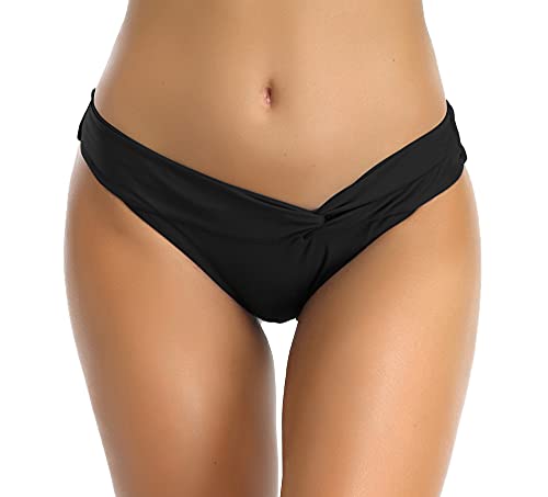 SHEKINI Damen Chic Elegant Bikinihose Klassisch Niedrige Taille Triangel Volltonfarbe Bikini Slip Badeshorts für Frauen（XL, Schwarz A） von SHEKINI