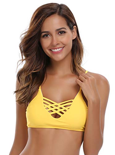 SHEKINI Damen Bikini Oberteil Crossover Cutout Badeanzug Strandbikini (M, Bikini Top-gelb) von SHEKINI