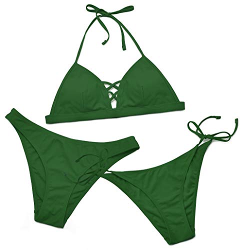 SHEKINI Damen 3 Teiliger Badeanzüge Kreuz Cutout Rückenfrei Verstellbarer Bikinioberteil mit Niedrige Taille Triangel Ties-up Bikinihose Bademode (Grün, M) von SHEKINI