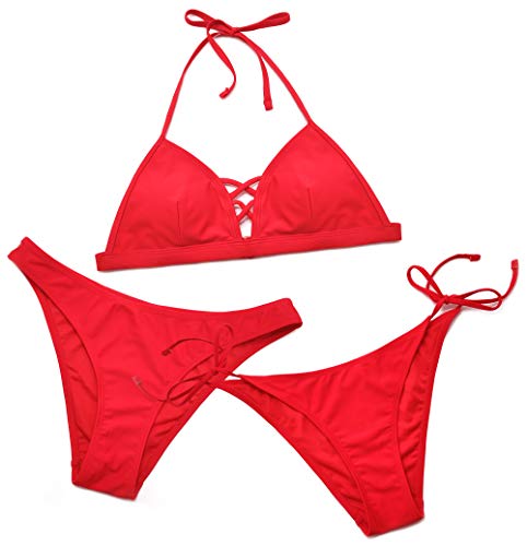 SHEKINI Damen 3 Teiliger Badeanzüge Kreuz Cutout Rückenfrei Verstellbarer Bikinioberteil mit Niedrige Taille Triangel Ties-up Bikinihose Bademode (Rot, M) von SHEKINI