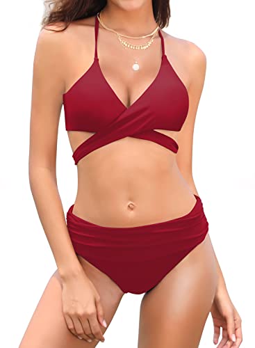 SHEKINI Damen Bikini Set Neckholder Push Up Oberteil Große Brüste Mit High Waist Bikinihosen Bottom Sport Zweiteiliger Geteilter Badeanzug von SHEKINI