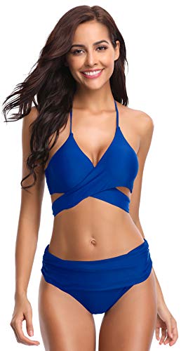 SHEKINI Damen Bikini Set Neckholder Push Up Oberteil Große Brüste Mit High Waist Bikinihosen Bottom Sport Zweiteiliger Geteilter Badeanzug von SHEKINI