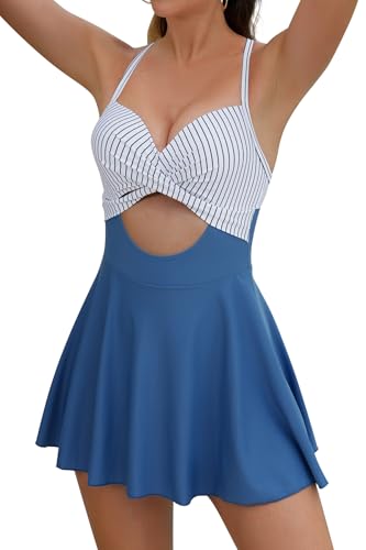 SHEKINI Cutout Damen Einteiler Badeanzug Badekleid Bauchweg Tie Back Große Größe Baderock mit Briefs Modest Badebekleidung(Blau & Gestreift,XXL) von SHEKINI