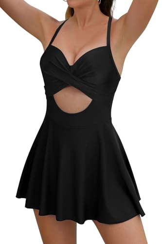 SHEKINI Cutout Damen Einteiler Badeanzug Badekleid Bauchweg Tie Back Große Größe Baderock mit Briefs Modest Badebekleidung(Schwarzer,XXL) von SHEKINI