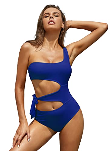 SHEKINI Damen Eine Schulter Asymmetrischer Einteiliger Badeanzug Rückenfrei Verstellbar Schnürungen Cut Out Strandmode Bademode(Königsblau, S) von SHEKINI