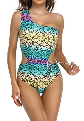 SHEKINI Damen Eine Schulter Asymmetrischer Einteiliger Badeanzug Verstellbar Kordelzug Bauchweg Bademode Strandmode(L,Leopard) von SHEKINI