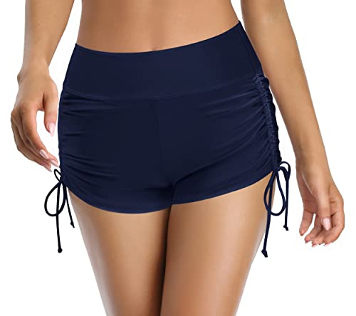 SHEKINI Damen Einfarbig Bikinihose Bademode Verstellbar Kordelzug Hohe Taille Ruched Boxershorts Sommer Abdominal Kontrolle Badehose Badeanzug(XL,Dunkelblau) von SHEKINI