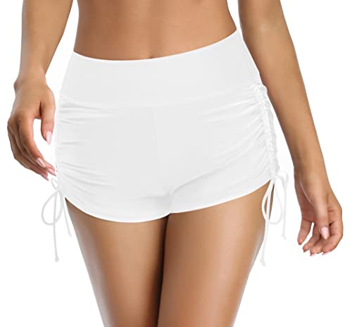 SHEKINI Damen Einfarbig Bikinihose Bademode Verstellbar Kordelzug Hohe Taille Ruched Boxershorts Sommer Abdominal Kontrolle Badehose Badeanzug(XL,Weiß) von SHEKINI