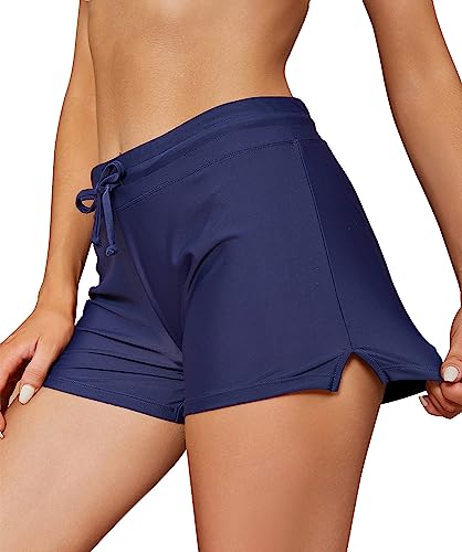 SHEKINI Damen Kurz Boxershorts mit Seitlichem Split Tankini Badeshorts Badehose Sommer Einstellbarer Bikinihose Sporty Schwimmshorts(Dunkelblau,XXL) von SHEKINI