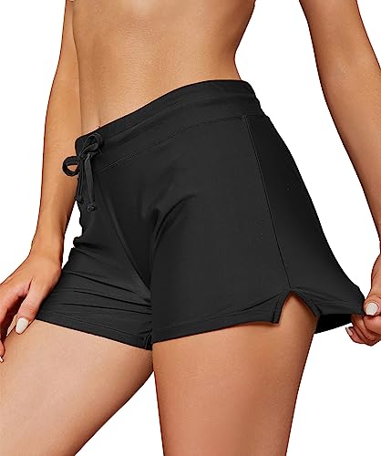 SHEKINI Damen Kurz Boxershorts mit Seitlichem Split Tankini Badeshorts Badehose Sommer Einstellbarer Bikinihose Sporty Schwimmshorts(Schwarz,M) von SHEKINI