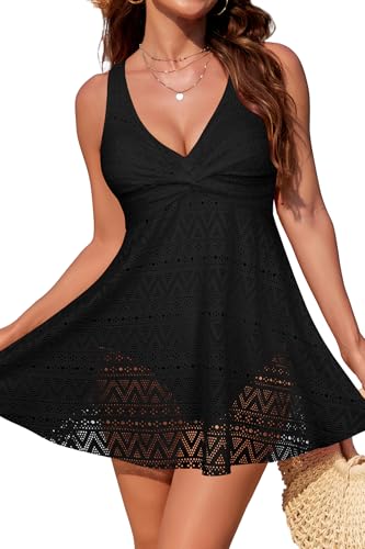 SHEKINI Damen Einteilige Badeanzug Badekleid Spitze Bauchweg V-Ausschnitt mit Briefs Schwimmkleid Große Größe Baderock Modest Badeanzugkleid（S,Schwarz） von SHEKINI