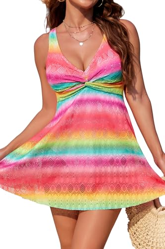 SHEKINI Damen Einteilige Badeanzug Badekleid Spitze Bauchweg V-Ausschnitt mit Briefs Schwimmkleid Große Größe Baderock Modest Badeanzugkleid（XL,Regenbogen） von SHEKINI
