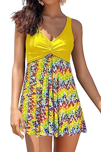 SHEKINI Damen Einteilige Badeanzug Einteilige Badeanzugkleid Badekleid Schwimmrock Retro Ruched Bauchweg V-Ausschnitt Schwimmkleid Baderock(M, C-Zitronengelb von SHEKINI