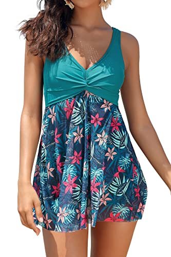 SHEKINI Damen Einteilige Badeanzug Einteilige Badeanzugkleid Badekleid Schwimmrock Retro Ruched Bauchweg V-Ausschnitt Schwimmkleid Baderock(M,C-dunkelgrün) von SHEKINI