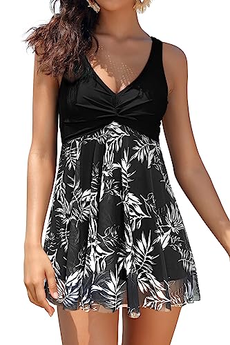 SHEKINI Damen Einteilige Badeanzug Einteilige Badeanzugkleid Badekleid Schwimmrock Retro Ruched Bauchweg V-Ausschnitt Schwimmkleid Baderock(XL,C-schwarz) von SHEKINI