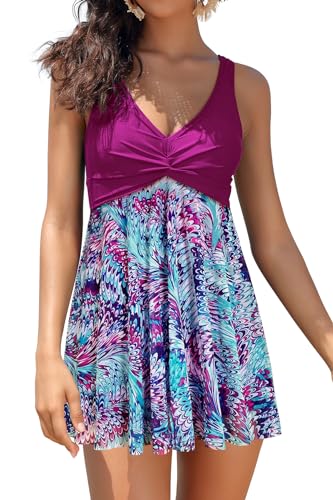 SHEKINI Damen Einteilige Badeanzug Einteilige Badeanzugkleid Badekleid Schwimmrock Retro Ruched Bauchweg V-Ausschnitt Schwimmkleid Baderock (M, Lila-Druck) von SHEKINI